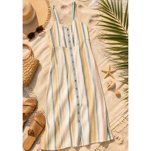 Madewell Linen Striped Midi Dress Size 10 Coastal Sundress Button Front Beach